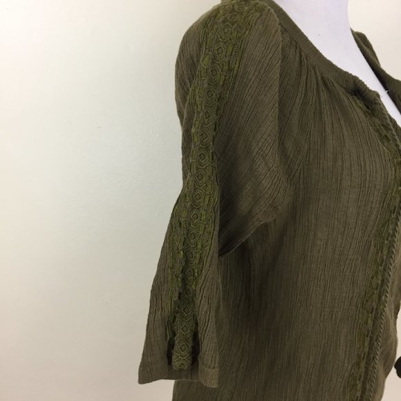LUCKY BRAND Dark Moss Green Tie Collar Tassels Crepe Embroidery Shirt - Picture 8 of 10